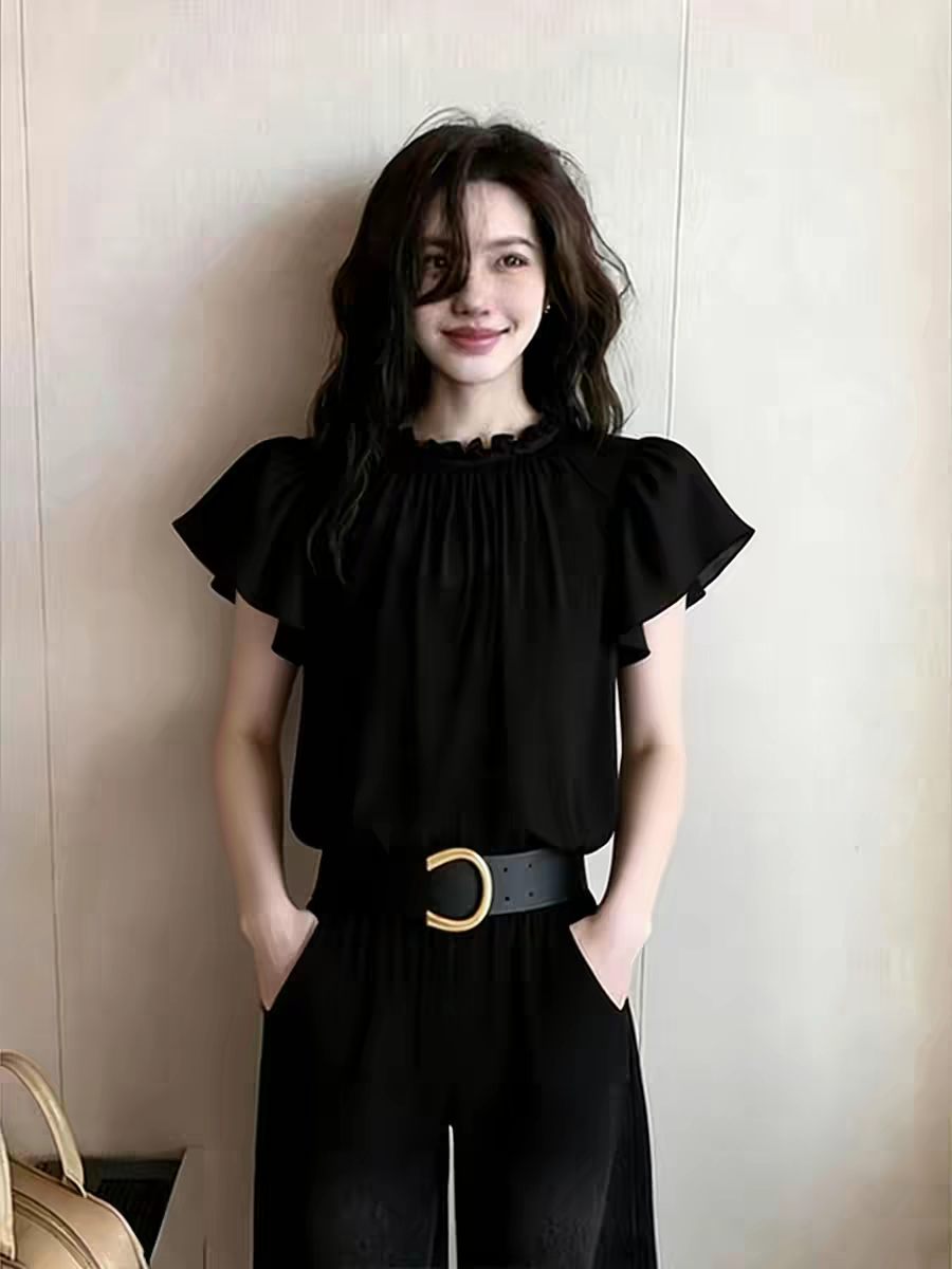 익스트림 제인 바람 검정색 프릴 소매 맨위 여성 2026 여름 새로운 작은 대중 몸매 가꾸기 슬림해 보이는 품격 미니멀리즘 인사이드 가져 가라.