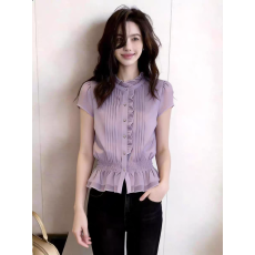 批发轻熟优雅风紫色木耳边收腰衬衫女短袖气质百搭显瘦上衣2026年新款