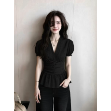 批发设计感黑色V领泡泡袖衬衫女2026夏季新款小众收腰显瘦巨好看上衣