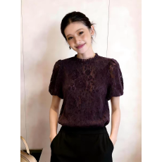 批发复古蕾丝风<b class='q'>泡泡袖</b>上衣2026夏季新款紫色花边领刺绣百搭圆领短袖