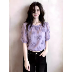 批发紫色<b class='q'>泡泡袖</b>立体花朵短袖上衣女2026夏季新款显瘦温柔气质衬衫