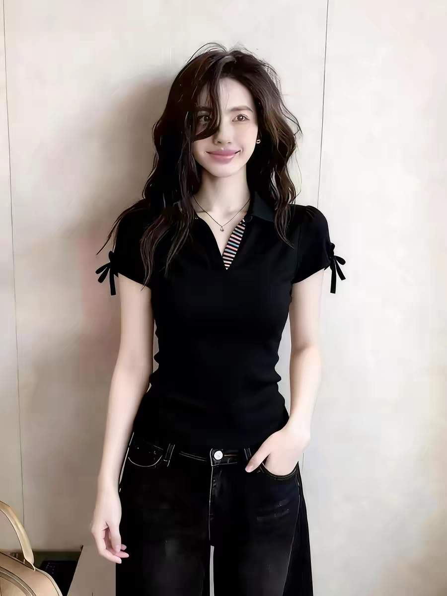 검정색 나비 매듭 POLO 칼라 반팔 티셔츠 여성 2026 여름 몸매 가꾸기 슬림해 보이는 외국 가스 다용도 슈퍼 잘 생긴 맨위