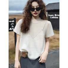 批发欧货高端<b class='q'>定制</b>白色端庄大码上衣女2026夏季新款钉珠设计感轻奢短袖