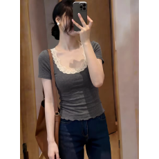 灰色大领口短袖t恤女夏季小个子穿搭独特漂亮巨好看蕾丝拼接上衣
