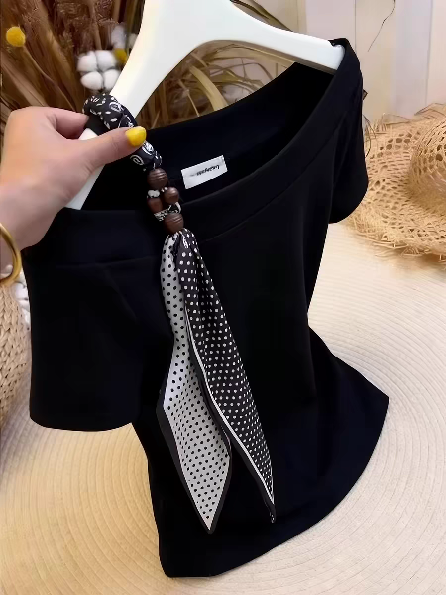 아메리칸 레트로 검정색 몸매 가꾸기 슬림해 보이는 반팔 티셔츠 여성 디자인 센스 핫걸 여름 비스듬한 어깨 스카프 레이스업 맨위
