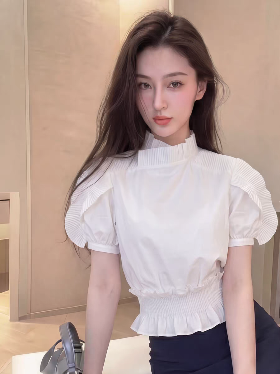 2026 여름 빅 사이즈 프랑스식 달콤한 스타일 화이트 거품 소매 프릴 셔츠 허리 수축 프릴 품격 맨위