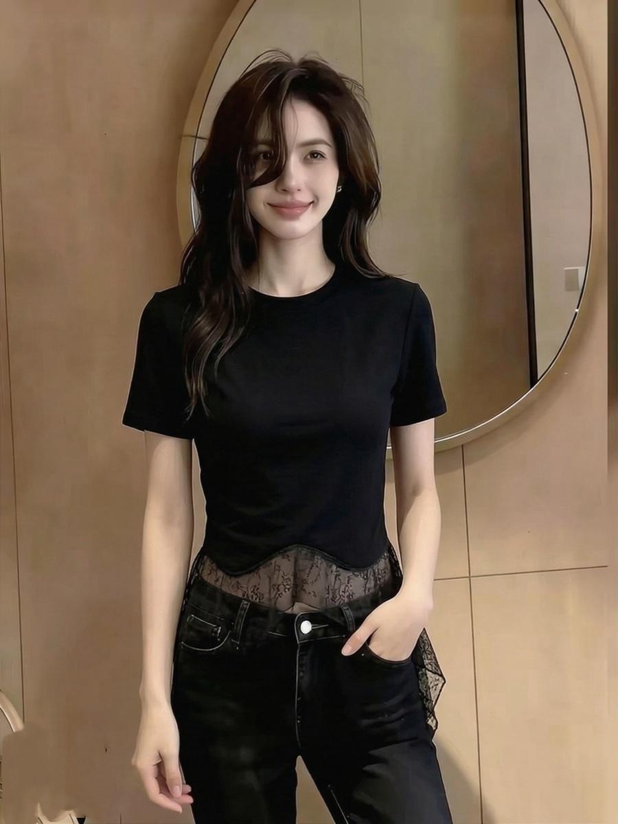 여름 작은 키 핫걸 불규칙 반팔 티셔츠 여성 고유 한 아름다운 슬림해 보이는 맨위 고급 디자인 센스 작은 대중