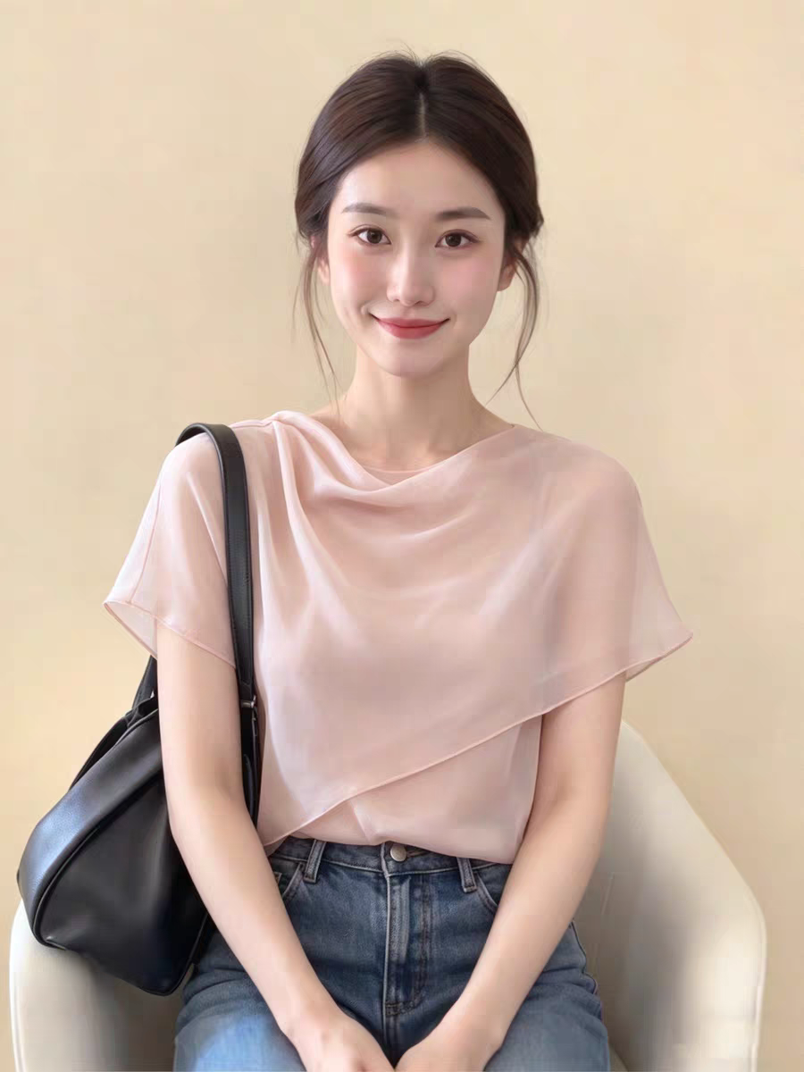 프랑스식 핑크색 흔들다 칼라 숄 반팔 여성 셔츠 2026 여름 새로운 디자인 센스 자이언트 잘 생긴 ~ 중 품격 맨위
