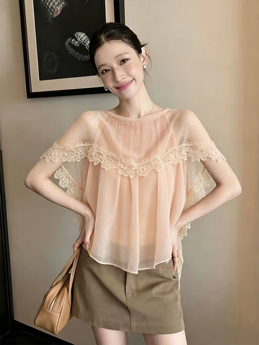 한국 스타일 품격 레이스 레이스 디자인 센스 라운드 넥 시폰 셔츠 여성 느긋한 바람 여름 미니멀리즘 자외선 차단 블라우스 맨위