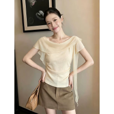 法式慵懒感百塔奶黄色一字肩短袖女夏季减龄女装明媚感上衣女装潮