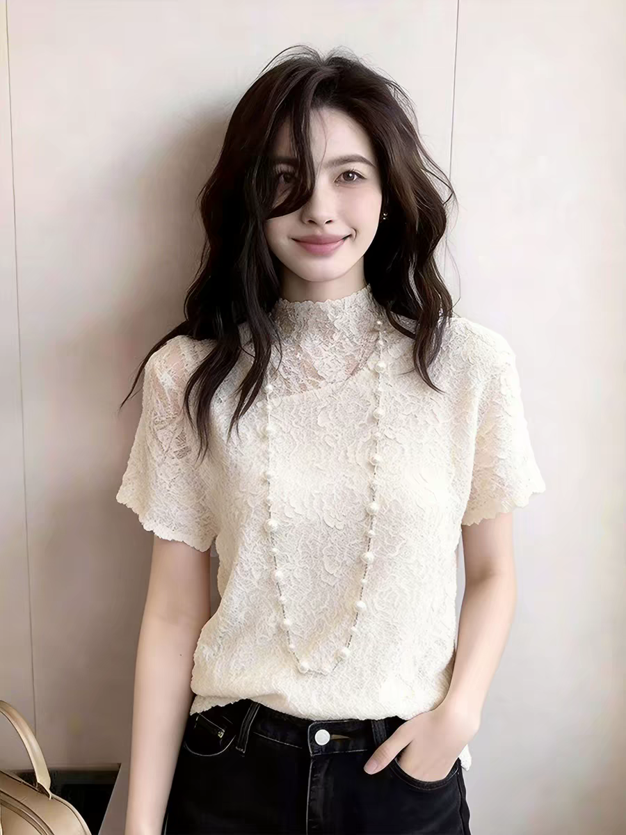 고유 한 부드러운 바람 클래식 섹션 빛 요리 한 프랑스식 바람 레이스 조각 반팔 슬림해 보이는 품격 시간 아직도 느낌 맨위