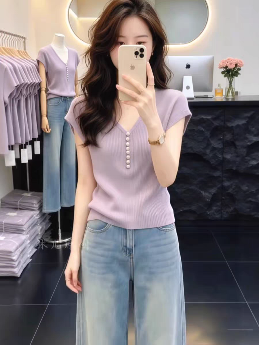 보라색 V넥 긍정적 인 어깨 작은 날다 소매 티셔츠 여성 여름 빅 사이즈 지방 mm 몸매 가꾸기 슬림해 보이는 품격 반팔 니트 스웨터 맨위