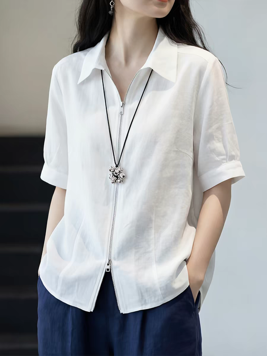 화이트 폴로 칼라 셔츠 여성용 짧은 소매 2026 여름 새로운 외국 가스 연령 감소 루즈핏 슬림해 보이는 디자인 센스 지퍼 맨위