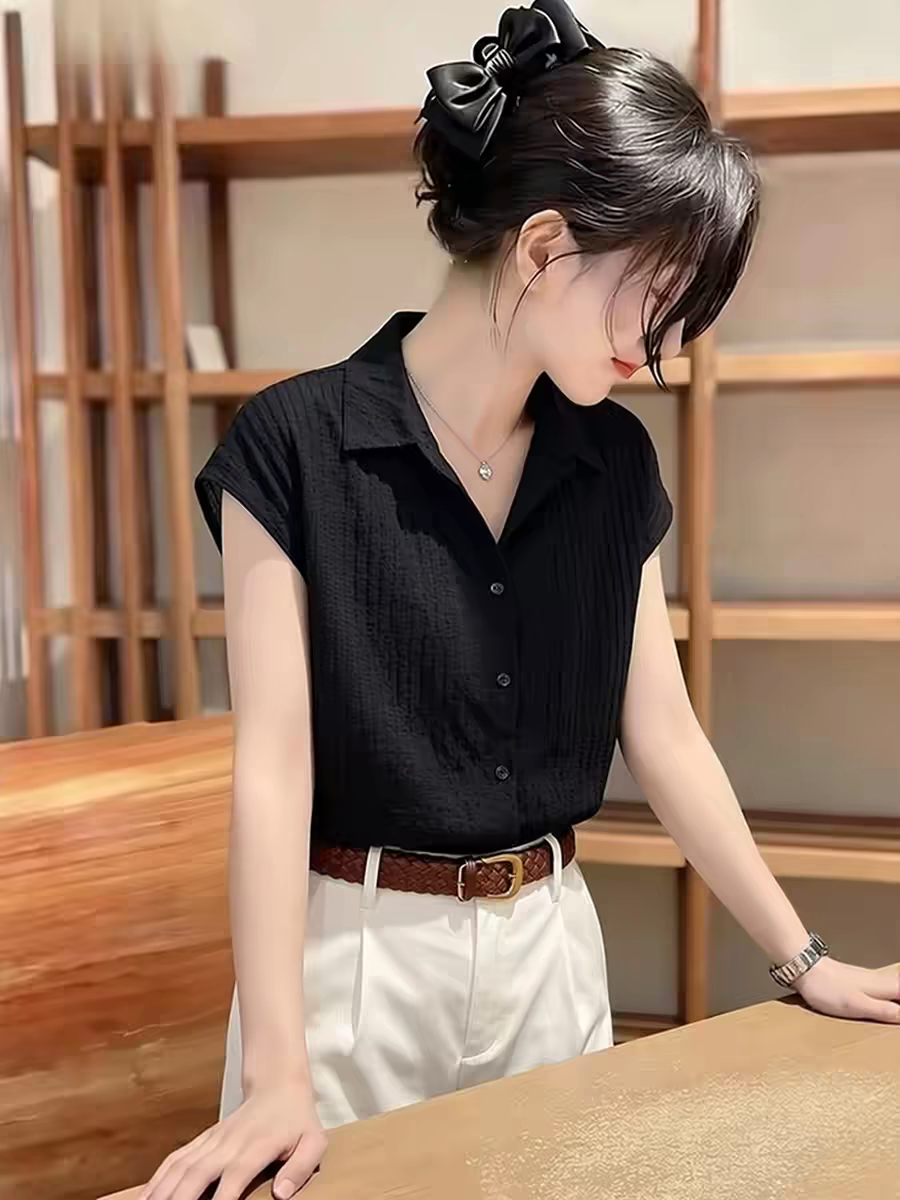 검정색 POLO 칼라 미니멀리즘 다용도 반팔 여성 셔츠 2026 여름 새로운 출퇴근 패션 슬림해 보이는 품격 맨위