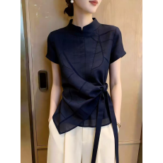批发2026夏季轻熟设计感系带收腰上衣女藏青色短袖高级感气质小众时尚