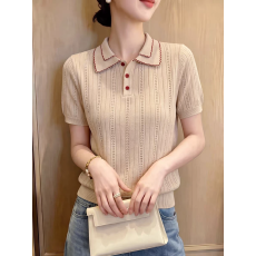 批发复古风翻领针织短袖T恤女夏季显瘦设计感宽松镂空套头Polo衫上衣