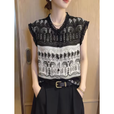 批发时尚木耳边印花无袖<b class='q'>上衣</b>女2026夏季黑色显瘦洋气气质百搭大码内搭
