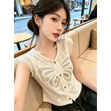 批发甜辣妹蕾丝拼接v领钩花镂空针织背心女夏季<b class='q'>无袖</b>露肩小众百搭上衣