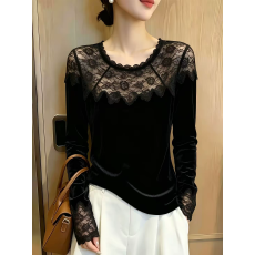 批发欧货高端氛围感金丝绒<b class='q'>大码</b>上衣女2026秋季新款蕾丝拼接花边小衫