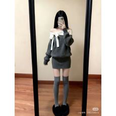 批发法式甜美风一字肩蝴蝶结针织衫<b class='q'>连衣裙</b>女秋冬新款宽松<b class='q'>露肩</b>包臀短裙