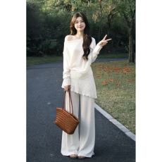 批发2026夏日绝美精致设计感御姐风显瘦一字肩<b class='q'>防晒</b>上衣屁帘阔腿裤套装