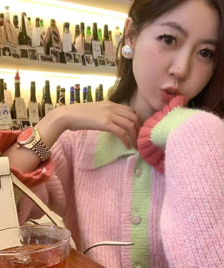 한 번 작은 짭짤한 한 부서 핑크색 배색 루즈핏 폴로 칼라 부서 버클 스웨터 여자 봄 가을 캐주얼 다용도 니트 오픈 가디건