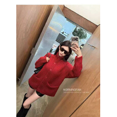 批发韩系慵懒风高领系扣复古绞花针织衫女秋冬季宽松显瘦毛衣
