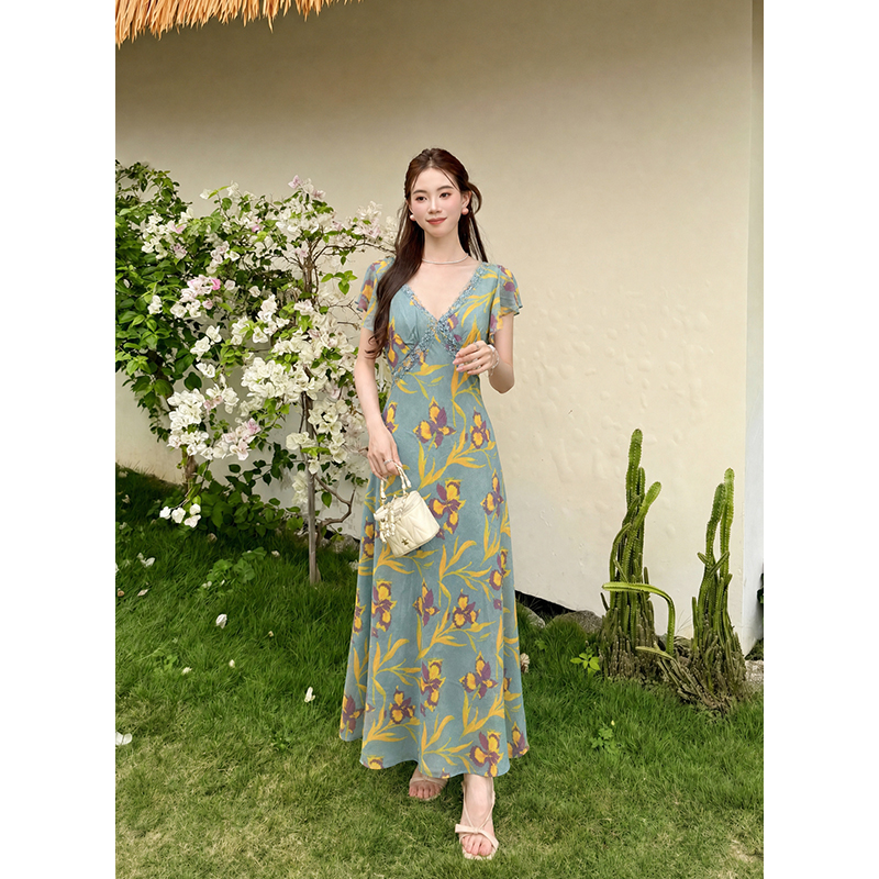 실사 여름 새로운 여성 의류 프랑스식 우아함 레이스 프린트 치마 반팔 쉬폰 꽃무늬 여성 드레스