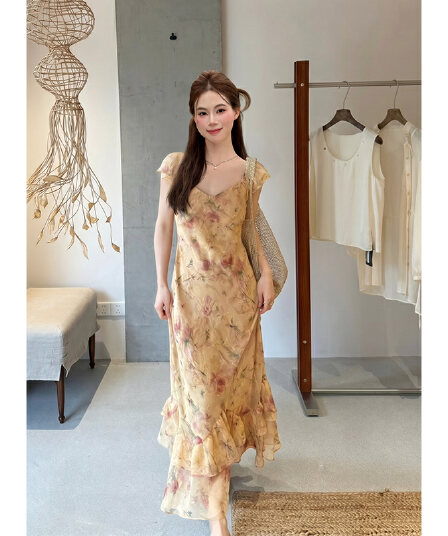 실사 여름 새로운 여성 의류 프랑스식 우아함 프린트 치마 반팔 쉬폰 꽃무늬 여성 드레스