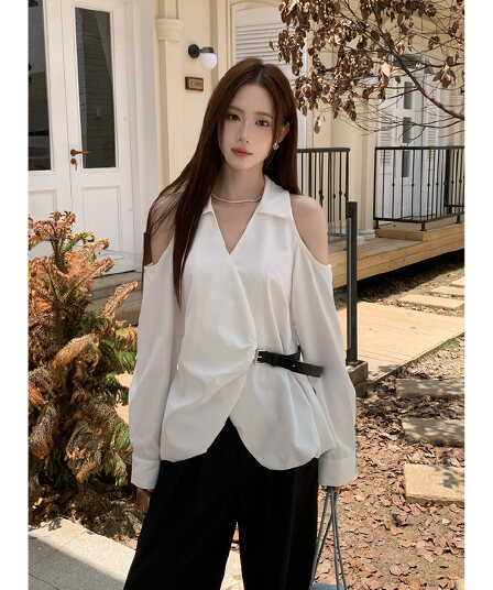실사 가을 새로운 여성 의류 디자인 센스 맨위 작은 셔츠 단색 긴팔 여성 셔츠