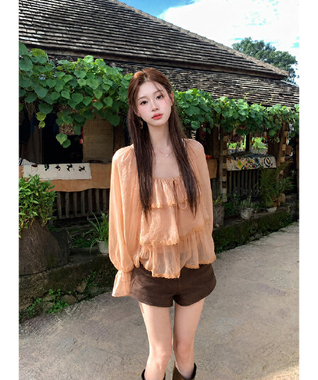 실사 가을 새로운 프랑스식 광장 칼라 단색 맨위 작은 셔츠 레이스업 긴팔 광택 실 시폰 셔츠 여성