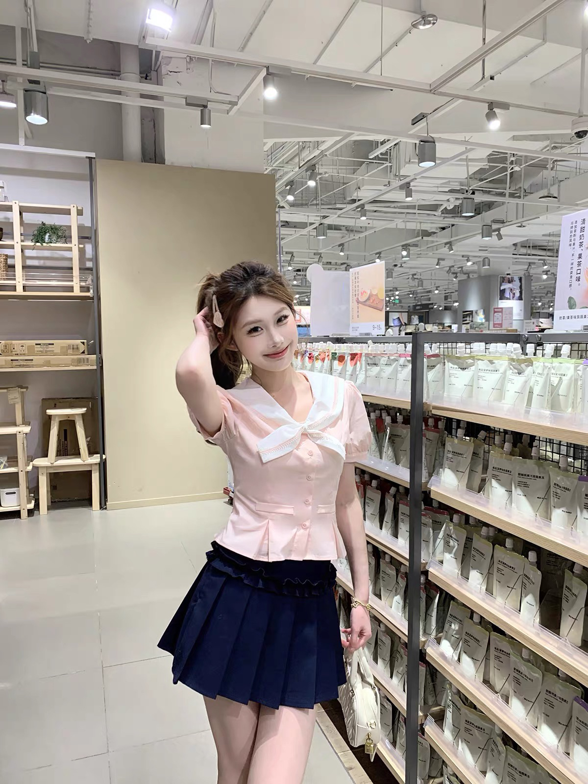복숭아 복숭아 우유 푸 달콤함 베이비 칼라 나비 매듭 셔츠 다용도 슬림해 보이는 반 스커트 세트
