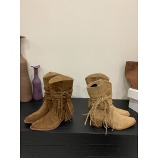 批发粗跟绒面堆堆中筒骑士靴女靴子2025秋冬季尖头V口瘦瘦短靴