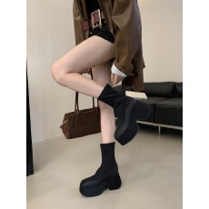 批发2025厚底增高弹力瘦瘦靴女后拉链切尔西靴小个子黑色短靴袜靴