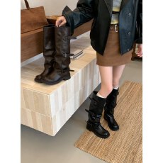 批发辣妹裤筒靴扣子带高筒西部骑士靴时尚流苏长筒靴粗跟堆堆靴