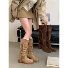 批发辣妹裤筒靴扣子带高筒西部骑士靴时尚流苏长筒靴粗跟堆堆靴