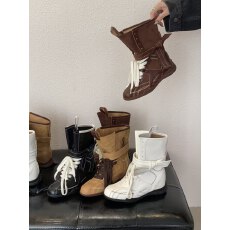 批发小众复古绑带德训拳击靴女2025新款真皮内增高运动马丁靴