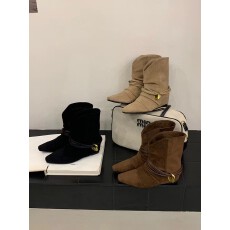 批发内增高粗跟牛反绒骑士靴2025新款显瘦皱褶尖头短筒两用堆堆靴