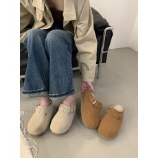 批发丑萌叉烧包真皮百搭厚底增高包头勃肯半拖鞋女2025新款复古