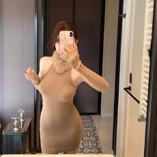 批发M900秋冬纯欲风毛绒领露肩针织裙<b class='q'>修身</b>包臀<b class='q'>连衣裙</b>辣妹内搭打底裙