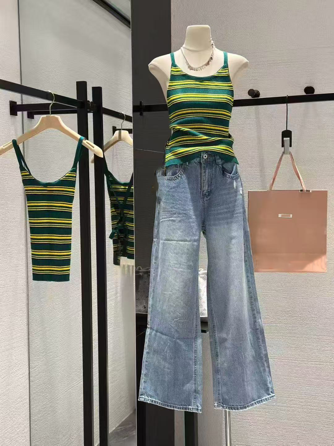 안녕하세요. 팬 팬 산소 주간 순면 배색 레이스업 백리스 스트라이프 순수한 욕망 조끼 긍정적 인 어깨 니트 반팔