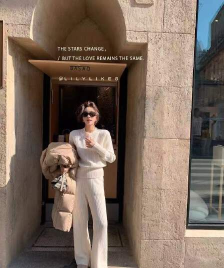 느긋한 오래된 돈 chic 100 취 엔 양모 라운드 넥 거친 구덩이 기사 스웨터 모직물 부츠컷 바지