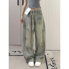 批发大码美式设计感做脏扎染挂绳高腰牛仔裤女<b class='q'>秋</b>季胖mm宽松直筒阔腿裤