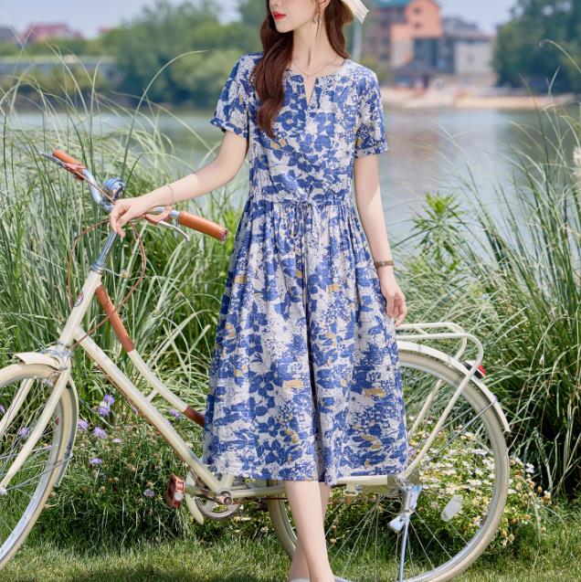 고급 면 린넨 꽃무늬 드레스 2026 새로운 올해 인기 폭발 허리 수축 슬림해 보이는 자이언트 잘 생긴 여름 드레스 치마