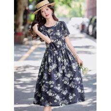 批发复古印花棉麻短袖<b class='q'>连衣裙</b>女2026夏新款收腰显瘦洋气休闲气质碎花裙