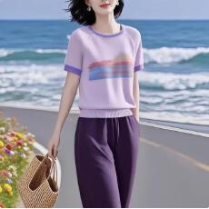 批发洋气提花针织衫松紧腰九分休闲<b class='q'>裤</b>套<b class='q'>装</b>