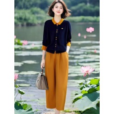 批发安迪绒撞色翻领上衣+松紧腰九分<b class='q'>裤</b>套<b class='q'>装</b>秋