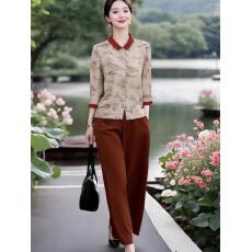 批发国风撞色印花衬衫+松紧腰舒适<b class='q'>裤</b>子套<b class='q'>装</b>秋