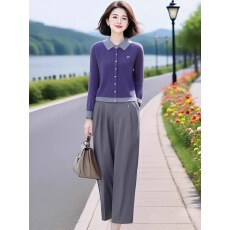 批发紫罗兰撞色翻领针织开衫高级灰松紧腰休闲裤套装