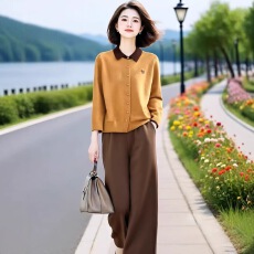 批发秋季洋气<b class='q'>时尚</b>翻领针织衫搭直筒<b class='q'>裤</b>两件套<b class='q'>装</b>